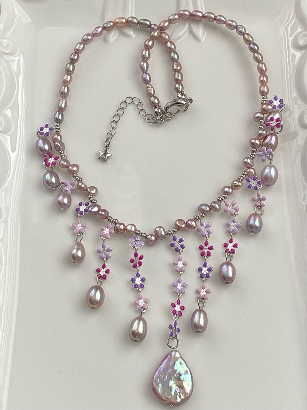 N295-Handmade Pink Pearl Flowers Necklace